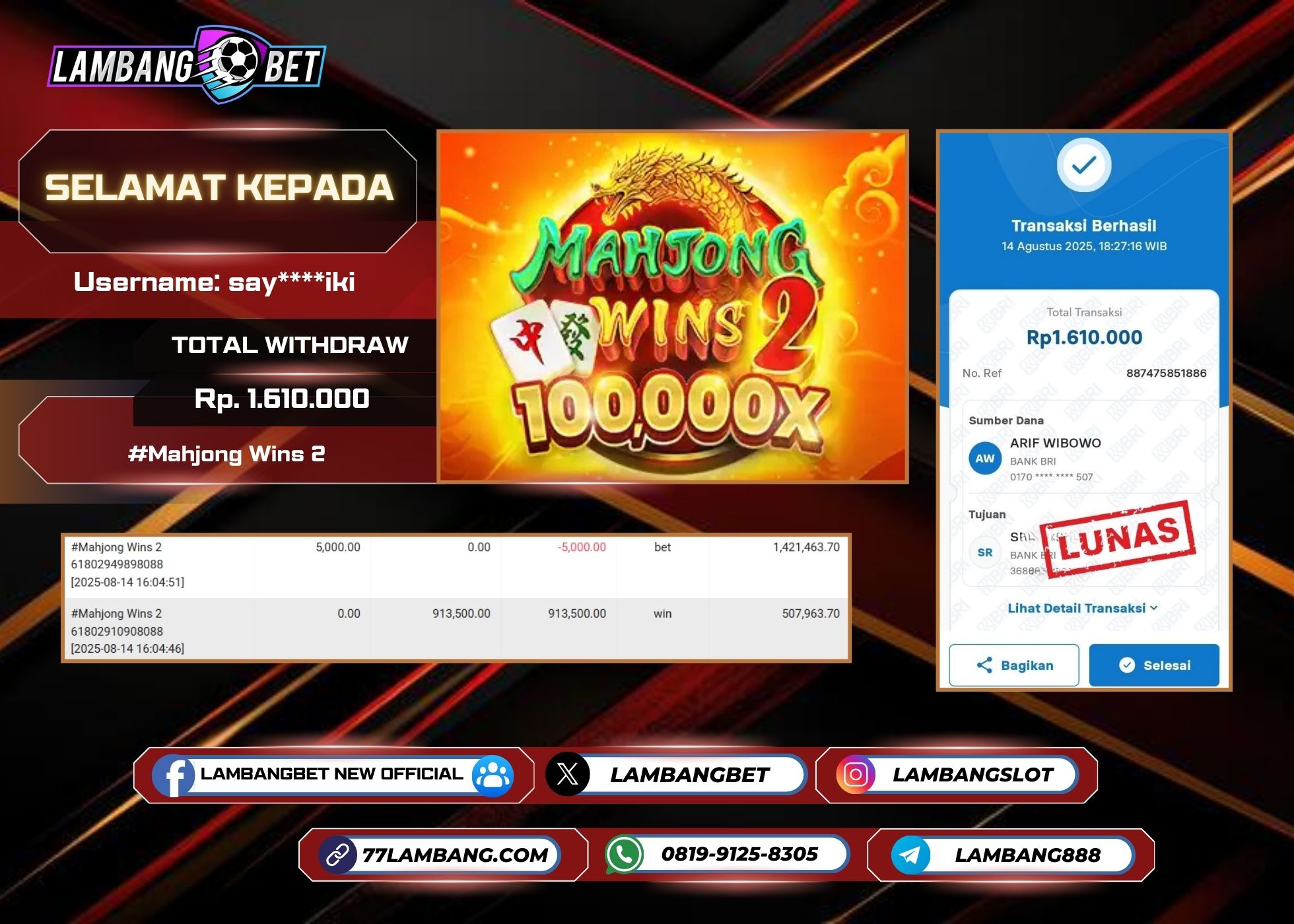 LAMBANGBET [14 AUGUST 2025] JACKPOT SLOT Mahjong Wins 2 "Rp1.610.000" LUNAS